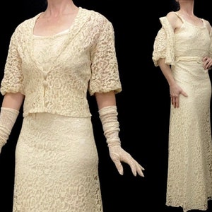 Vintage 30s XS/S wedding dress deco ivory lace 5 piece set slip dress jacket belt gloves bust 34-35"/ waist 28"/ hips 40"
