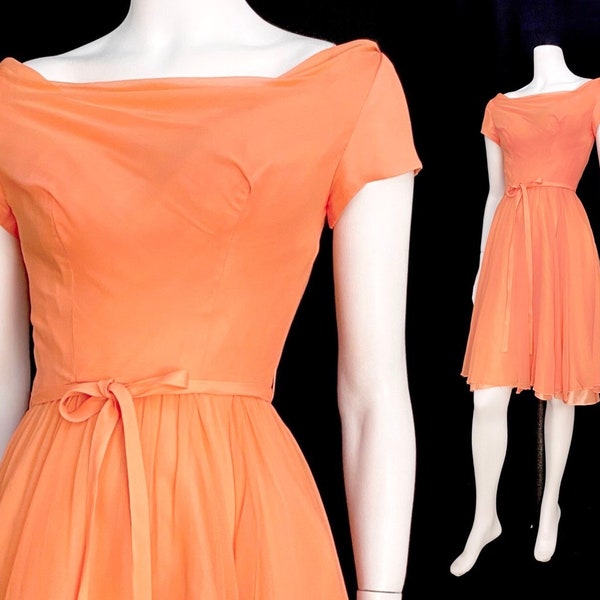 Vintage 50s 60s XS Emma Domb cocktail dress AS IS peach apricot chiffon and taffeta special occasion Juniors Bust 33/waist 24