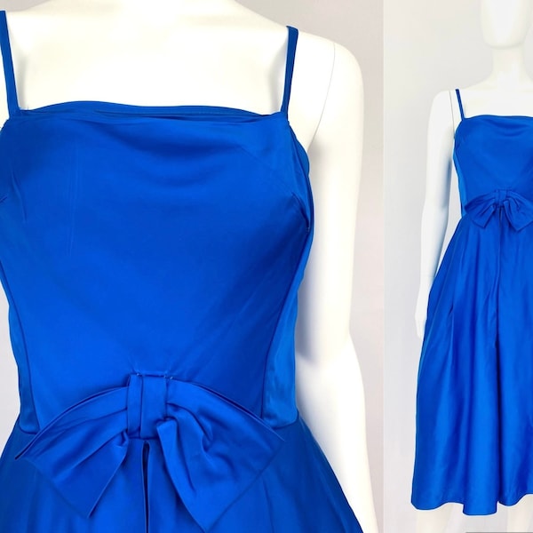 Vintage 50s 60s XS blue satin cocktail dress special occasion spaghetti straps front bow As Is off center back zip 1959-1963 USA union label