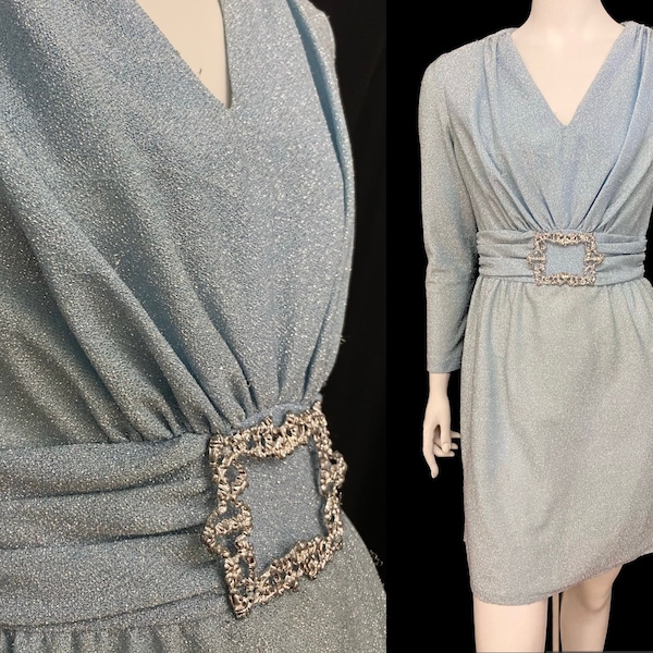 Vintage 60s 70s S blue silver shimmer cocktail mini dress AS IS w large belt buckle long sleeve v neck knit lurex bust 36"/ w 27"/ h 40"