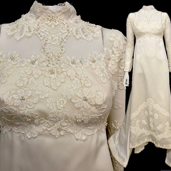 Vintage 70s XXS wedding dress ivory Teeny by Pricilla modest juniors petite button zip back 1974 bride bust 31" / underbust 27" /Waist 29"