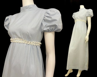 Vintage 60s XS dress maxi blue dotted Swiss bridesmaid prom special occasion regency style empire waist Bust 36/ underbust 28"/ hips 52"