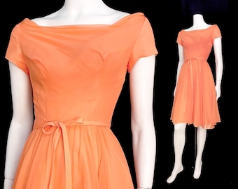 Vintage 50s 60s XS Emma Domb cocktail dress AS IS peach apricot chiffon and taffeta special occasion Juniors Bust 33/waist 24