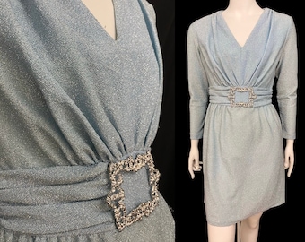 Vintage 60s 70s S blue silver cocktail mini dress shimmer AS IS large belt buckle long sleeve V neck knit lurex pastel B 36&quot;/ W27&quot;/ H40&quot;