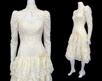 Vintage 80s XS prom romantic informal wedding dress ivory high neck midi below the knee long sleeve button back clean b 34/w 26