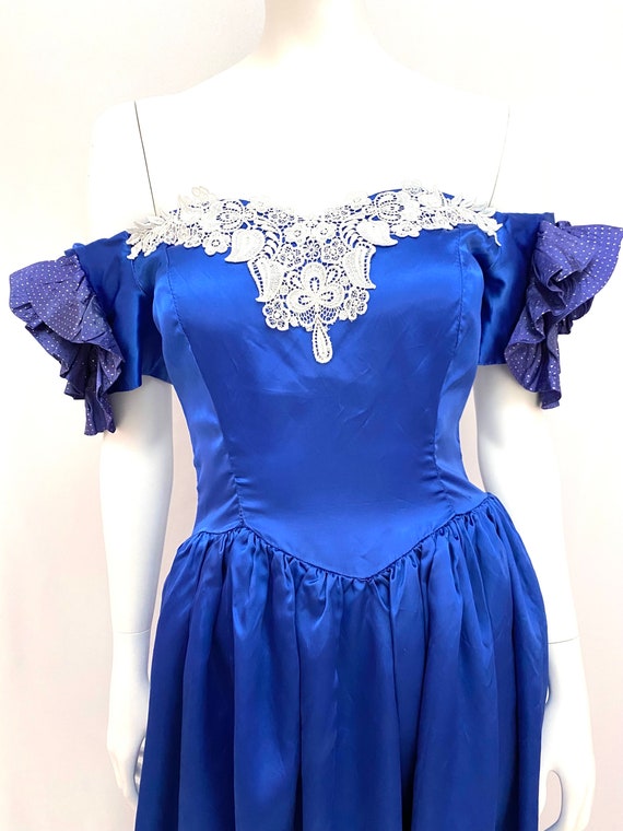 Vintage 80s S prom bridesmaid dress royal blue sa… - image 2