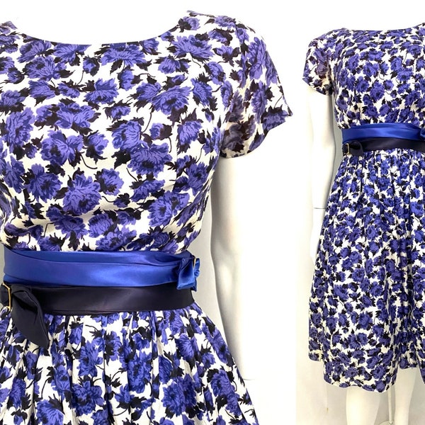 Vintage 50s XS dress purple periwinkle navy floral dress satin two tone belt bust 36" / waist 25" snug