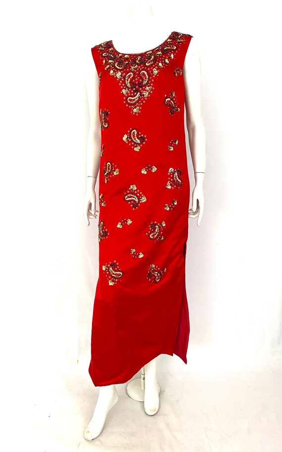 Vintage 60s XS/S dress shift maxi red silk paisle… - image 4