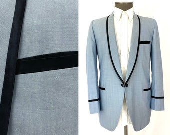 Vintage 60s 38R dinner tuxedo jacket blue black trim shawl collar prom gala AQ Andrew A Sims Seoul Korea Chest 42"