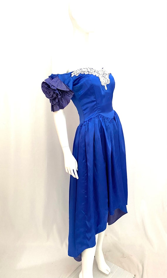 Vintage 80s S prom bridesmaid dress royal blue sa… - image 3