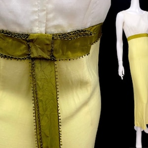Vintage 60s XS maxi dress AS IS ivory green yellow empire waist sleeveless bridesmaid prom dress special occasion sheath B34&quot;/ W28&quot;/ H36&quot;