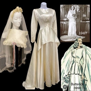 Vintage 40s XS wedding gown ivory satin modest with veil + ring bearer pillow peplum made from Butterick 3990 in 1947 bust 34"/ waist 25""