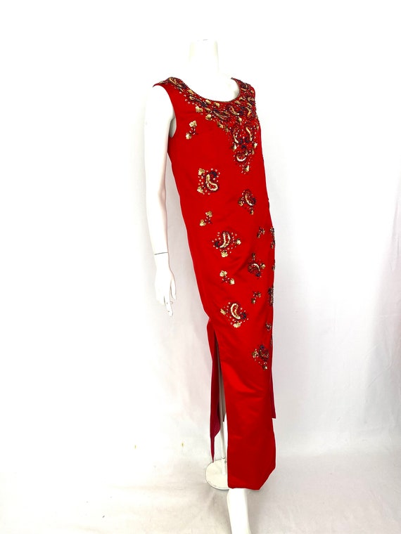 Vintage 60s XS/S dress shift maxi red silk paisle… - image 5
