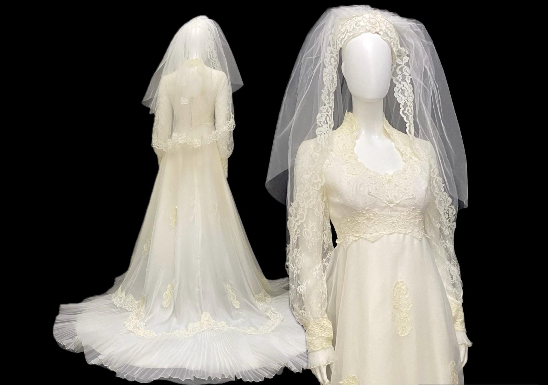Vintage 70s S Wedding Dress Queen Anne Neck With Veil Long