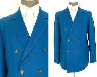 Vintage 60s 70s 44R sport coat jacket blazer Daytons teal blue double breasted double vent partially lined