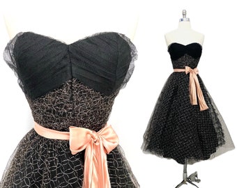 Vintage 50s XXS prom dress strapless black silver net pink sash AS IS fit and flare rockabilly bombshell Bust 30" / waist 24"
