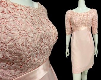Vintage 60s XS pink special occasion dress bridesmaid cocktail lace organza satin half sleeve back bow above the knee Bust 35&quot;/W 26&quot;/Hip 39&quot;