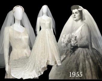Vintage 50s M wedding dress silk satin with lace Saks Fifth Ave plus headpiece veil named bride 1955 cleaned Bust 38" snug/ waist 29" snug