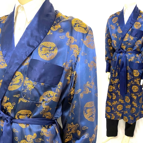 Vintage gender-neutral L satin robe Da Hwa Asian print dark blue medallions dragons shawl collar with waist sash tie pockets 50" chest