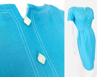 Vintage 50s 60s XS/S aqua dress short sleeve solid linen like spring summer bust 36/ waist 26/ hips 38