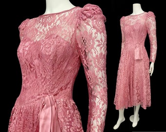 Vintage 80s S prom pink lace dress bridesmaid mother of the bride groom romantic long sleeve tea length USA union bust 35" waist 28"