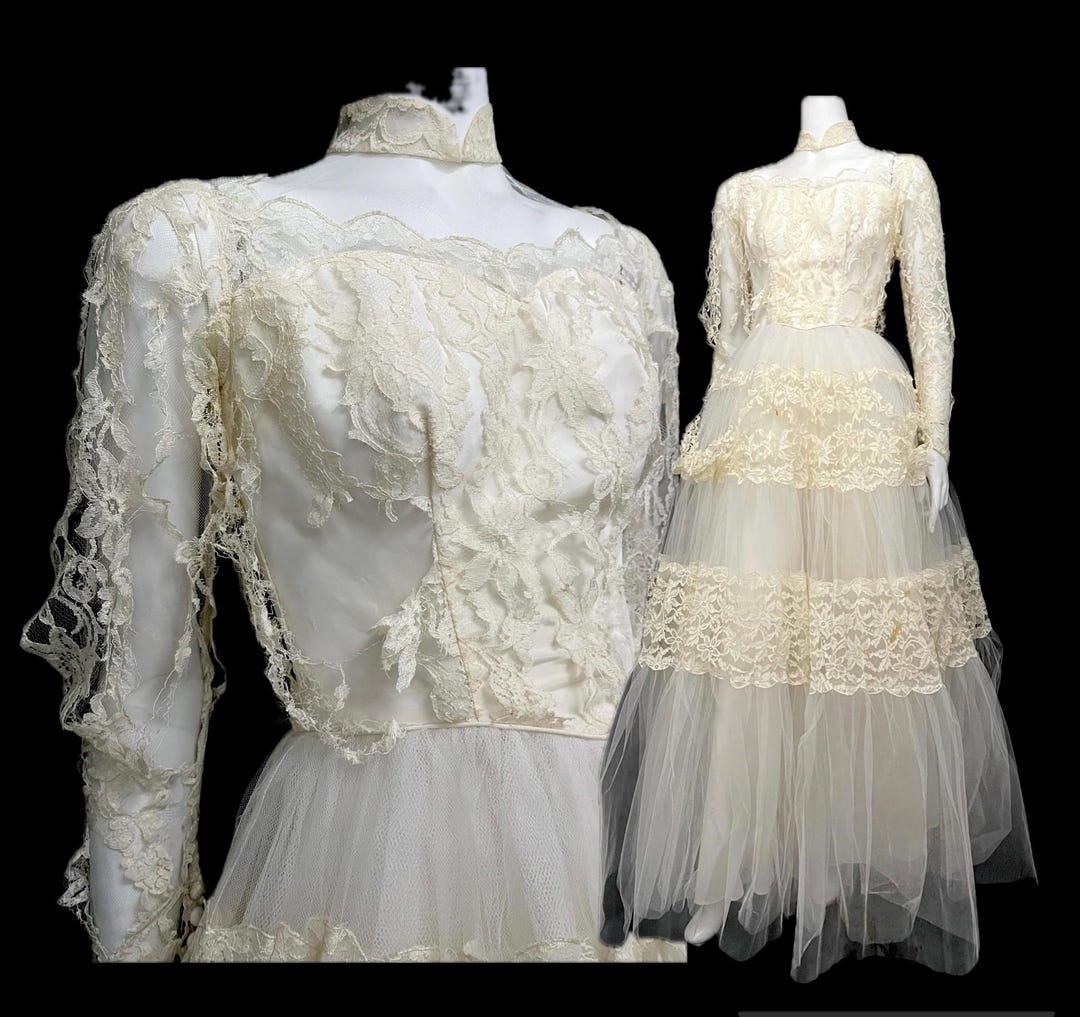 Vintage 50s XS AS is Wedding Dress Tattered Lace Long Sleeve Bust 34 Vintage 50s XS AS is Wedding Dress Tattered Lace Long Sleeve Bust 34