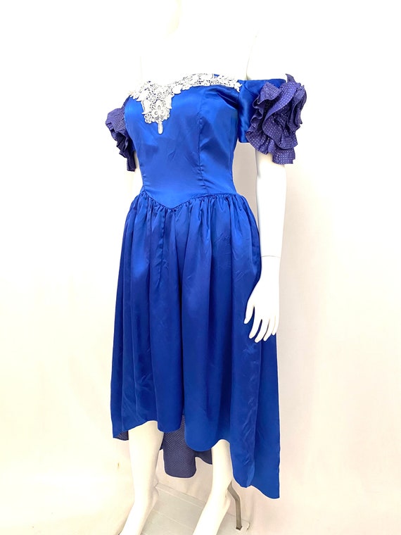 Vintage 80s S prom bridesmaid dress royal blue sa… - image 4