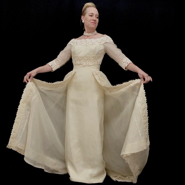 Vintage 60s S/M Tall ivory wedding dress Cahill Beverly Hills sheath w/ overskirt panels organza lace bust 36"/waist 29"/ Hips 39.5"