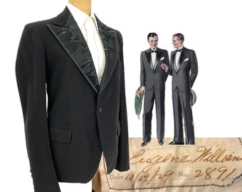 Vintage 20s 36S tux jacket AS IS frayed threadbare worn peaked silk lapel Supreme Tailoring Los Angeles dated 1929