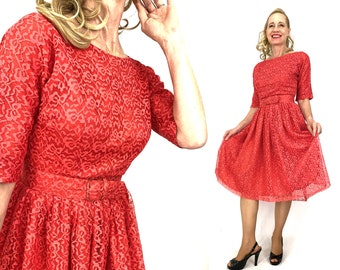 Vintage 50s 60s S dress red lace classic modest with belt holiday party valentines wedding guest bust 36"/ waist 27"