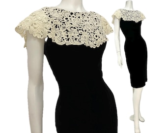 Vintage 50s 60s XS dress cocktail black velvet huge lace collar Suzy Perette New York wiggle bust 34&quot;/ waist 24&quot;/hips 37&quot; snug