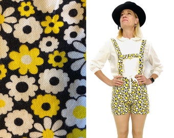 Vintage 60s Bobbie Brooks suspender lederhosen shorts XS mod happy floral yellow black white