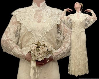 Vintage 80s S wedding dress Eve of Milady ivory satin Victorian/ 30s style bat wing sleeve dripping pearls Bust 35"/W up to 31"/H 40" clean