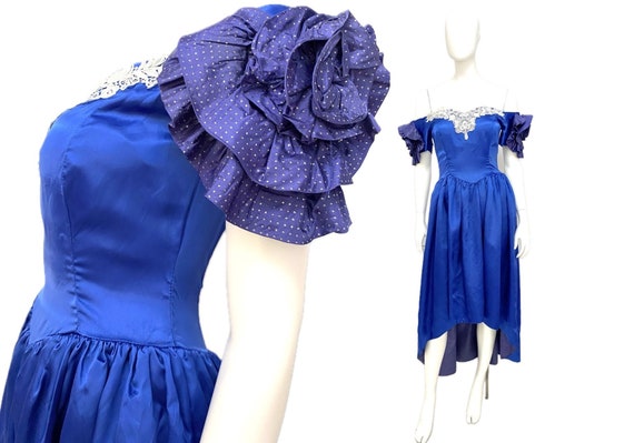 Vintage 80s S prom bridesmaid dress royal blue sa… - image 1
