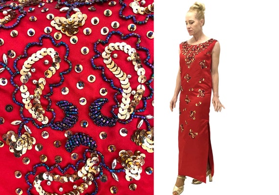 Vintage 60s XS/S dress shift maxi red silk paisle… - image 1