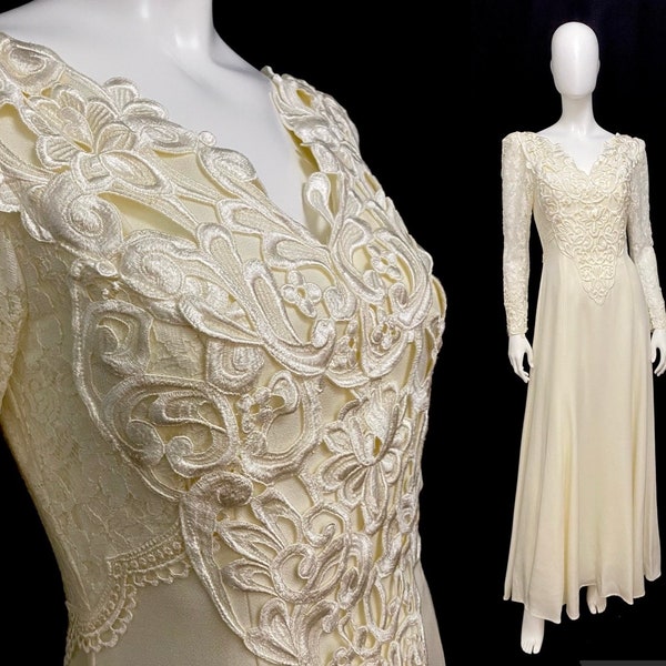 Vintage 80s S wedding dress Jessica McClintock ivory crepe and lace elegant modest simple long sleeve bust 34"/ waist 29"/ hips 44"