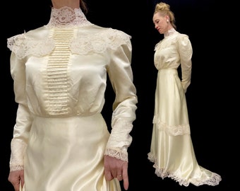 Vintage 70s S Edwardian Victorian style wedding dress Nanci cream satin high neck long sleeve romantic modest Bust 37"/ w 26"/ hips 43"