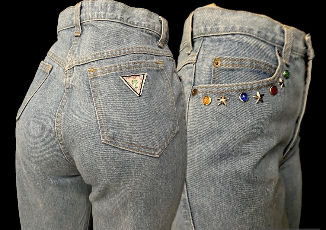 Vintage 80s S jeans Palmettos studded front pockets medium wash high waist 28" hip 40" inseam 28.5" vintage sz 13 cotton western