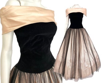 Vintage 50s XS prom dress ballgown AS IS bridesmaid special occasion pink satin black net Bust 33" waist 24"