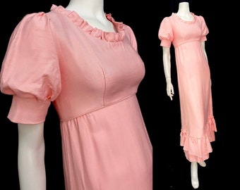Vintage 60s XS/XXS dress Emma Domb bubble gum pink maxi mod regency style empire waist small hips Bust 33/ waist 26/hips 35&quot; puffy sleeve