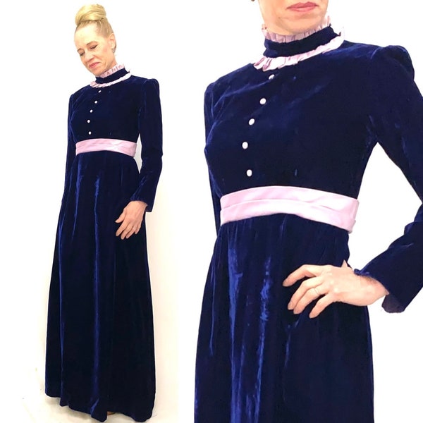 Vintage 60s S maxi dress cobalt blue velvet romantic modest high neck waist long sleeve bust 35" /waist 28" / hips 48"