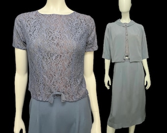 Vintage 60s S/M suit 3 piece skirt top jacket set blue Carol Brent modest bust 38"/ waist 30"/Hips 40"