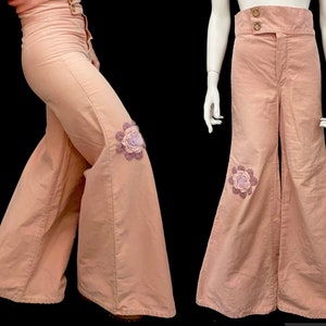 Vintage 60s 70s XS pink bell bottom pants Barbie high waist flower patch disco hippie flower child Hovis Hovland Sioux City Iowa w 27/ h37