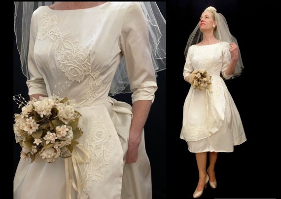 Vintage 60s S/M wedding dress gown cream mod mode… - image 1