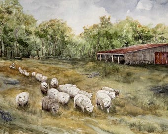 Stretched Canvas Print of Sheep Painting - Grazing
