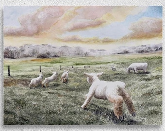 Stretched Canvas Print of Sheep Painting - Lamb Races