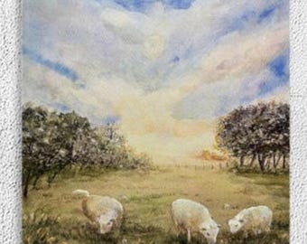 Stretched Canvas Print of Sheep Painting - Green Pastures