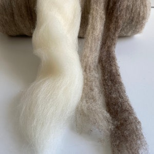 May include: Two strands of wool roving, one white and one brown, are displayed on a white surface. The wool is soft and fluffy, and the colors are natural.