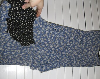 VINTAGE 1980s OOAK Unique See-Thru Hippie/Hipster Dress - Zelda Beachy Couture Blue & White Flowers Polka Dots Ruffles Ruched Above Knee S