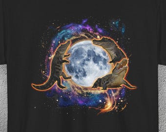 Three Crocodiles & Moon Retro Tee, Vintage Crocodile Graphic Shirt, Funny Reptile Lover Gift, Cosmic Crocodile Aesthetic, Unisex T-Shirt